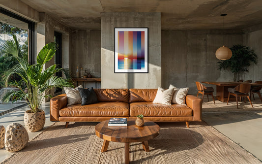 Abstract artwork in a living room with natural light