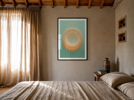 Framed O Yellow by Bastiaan van Ederen in a warm bedroom interior visualisation