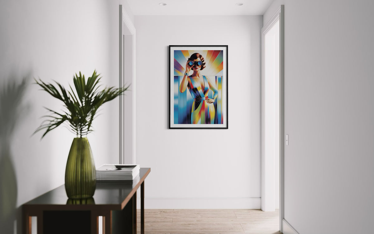 One I See You work in a minimal white hallway with a black console and green vase