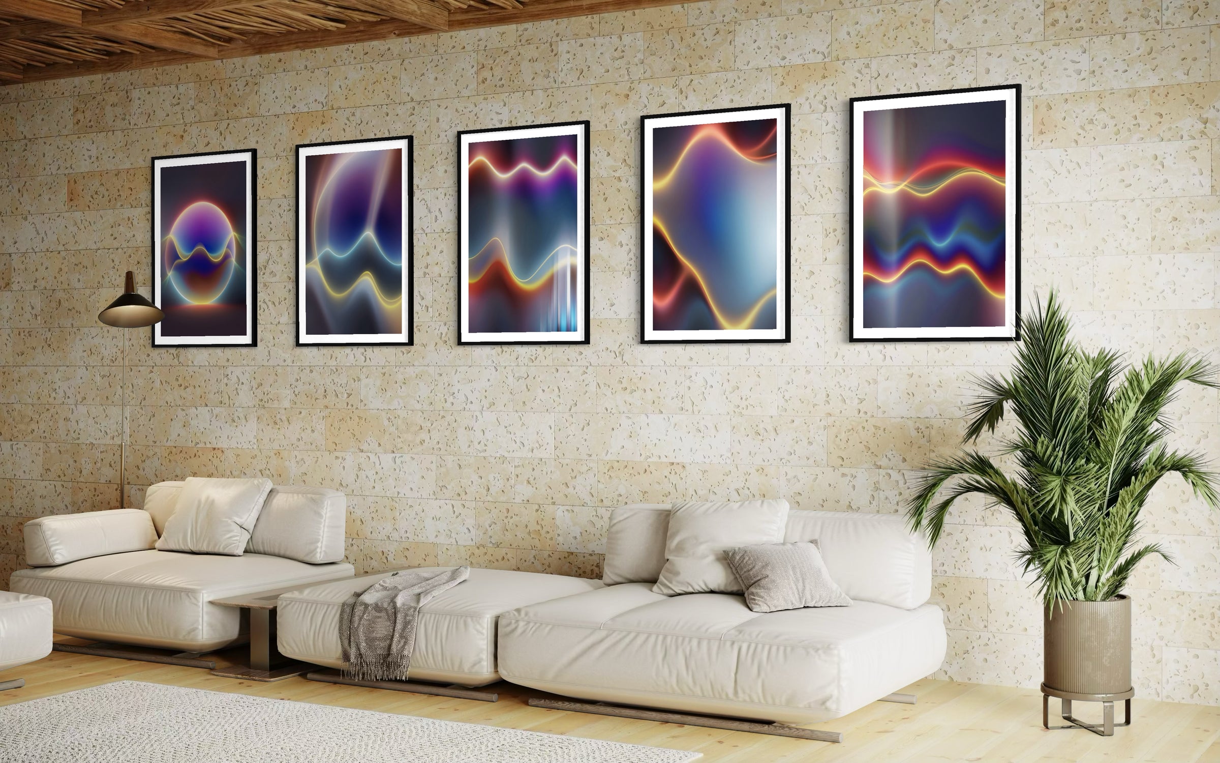 Multiple Matter in Time works installed together in a contemporary lounge interior