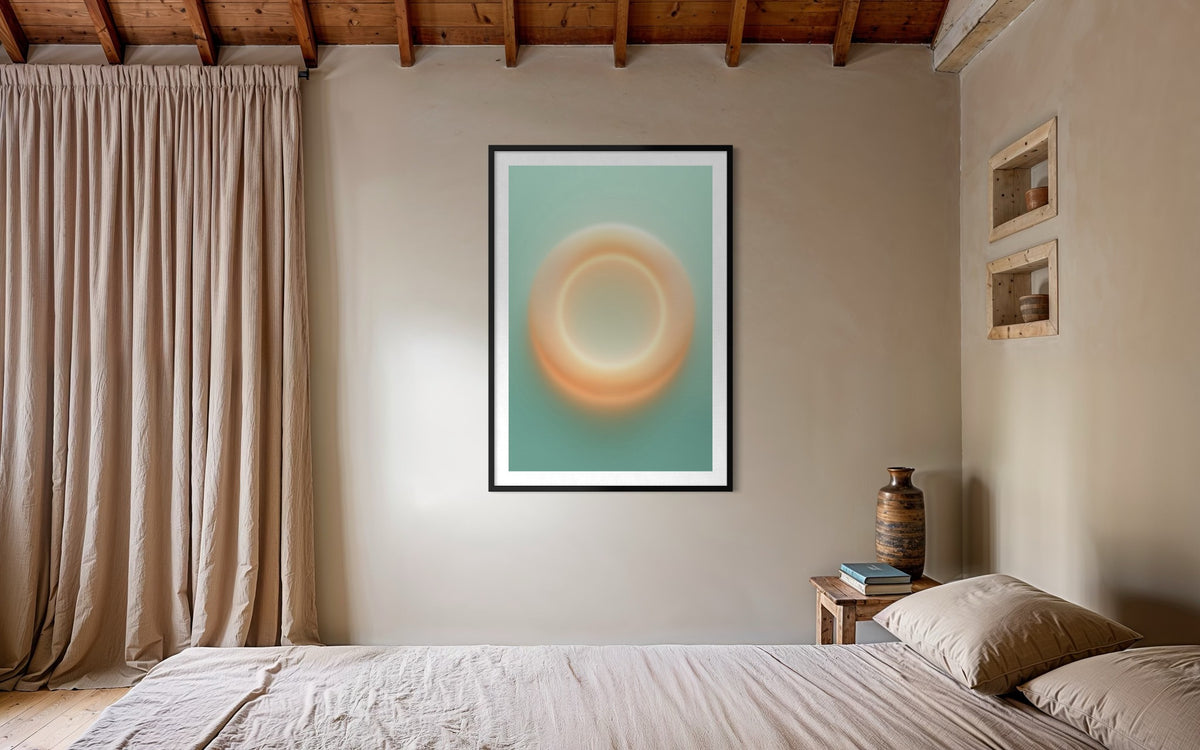 O artwork in a warm bedroom with timber ceiling beams