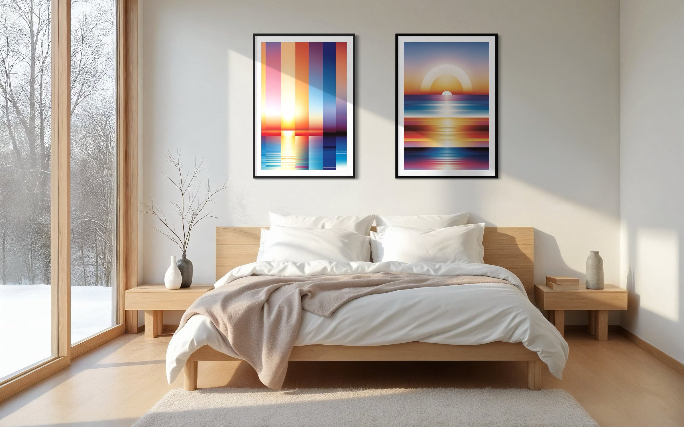 Two Sun Set in the Sun Set works in a bedroom interior